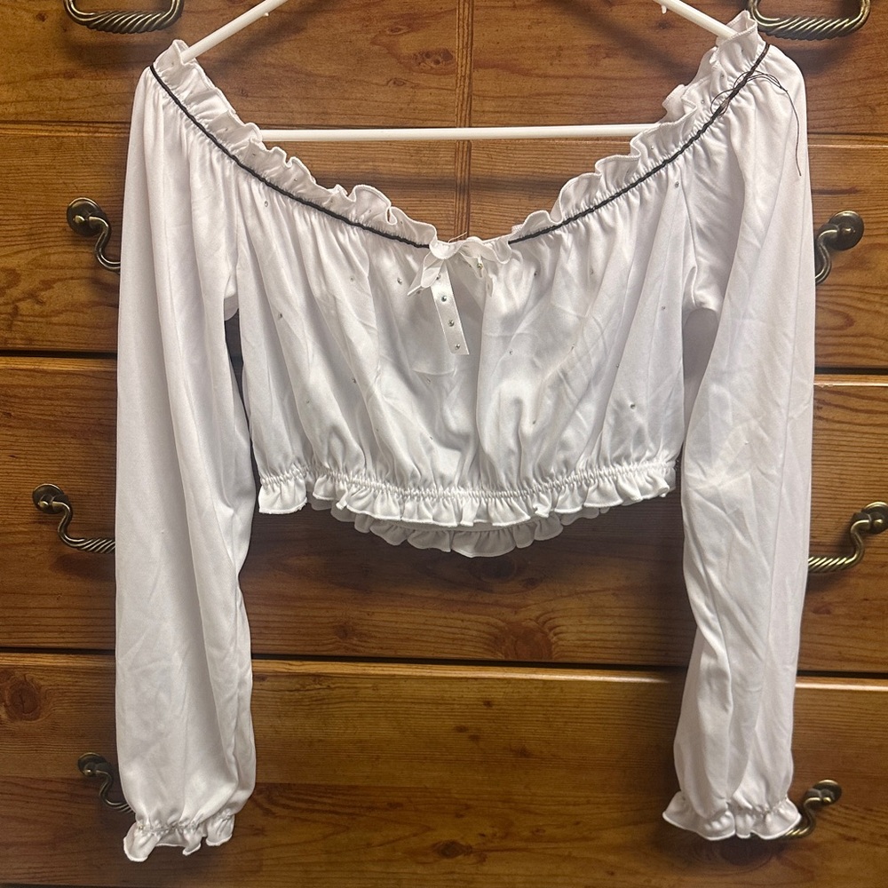 White Ruffled Off-Shoulder Top with scattered sequins